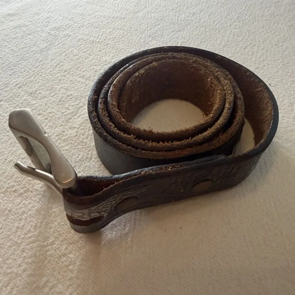 Steven Tooled Brown Leather Belt with Silver Buckle 1 1/8” W X 36 1/4” L